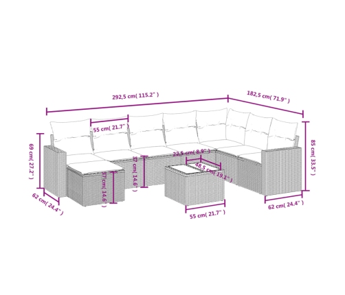 Set de muebles de jardín 9 pzas y cojines ratán sintético gris