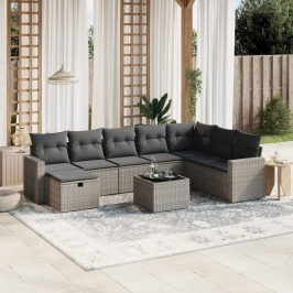 Set de muebles de jardín 9 pzas y cojines ratán sintético gris