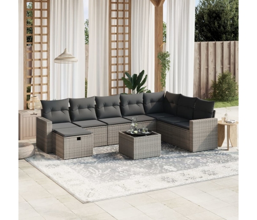 Set de muebles de jardín 9 pzas y cojines ratán sintético gris
