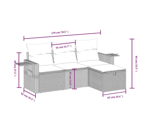 Set de sofás de jardín 4 pzas y cojines ratán sintético gris