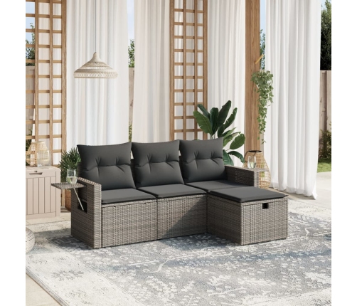 Set de sofás de jardín 4 pzas y cojines ratán sintético gris
