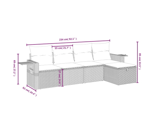 Set comedor de jardín 5 piezas y cojines ratán sintético marrón