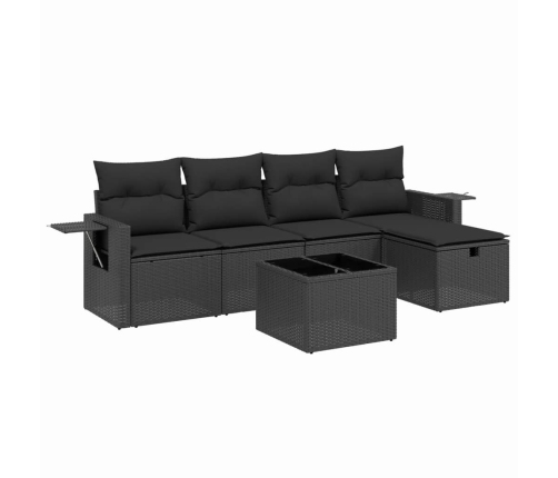 Set de sofás de jardín 6 piezas y cojines ratán sintético negro