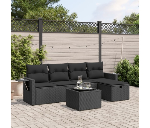 Set de sofás de jardín 6 piezas y cojines ratán sintético negro