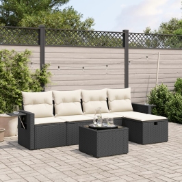 Set de sofás de jardín 6 piezas y cojines ratán sintético negro