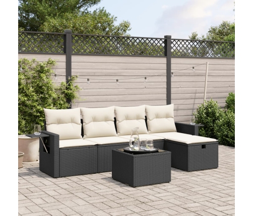 Set de sofás de jardín 6 piezas y cojines ratán sintético negro