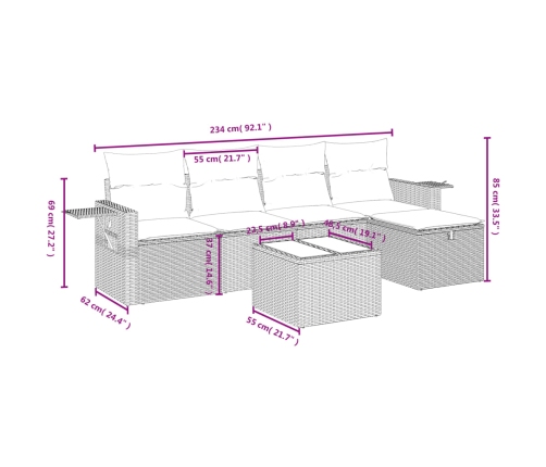 Set de sofás de jardín 6 pzas y cojines ratán sintético gris