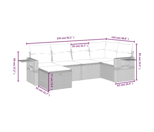 Set de muebles de jardín 6 pzas y cojines ratán sintético gris