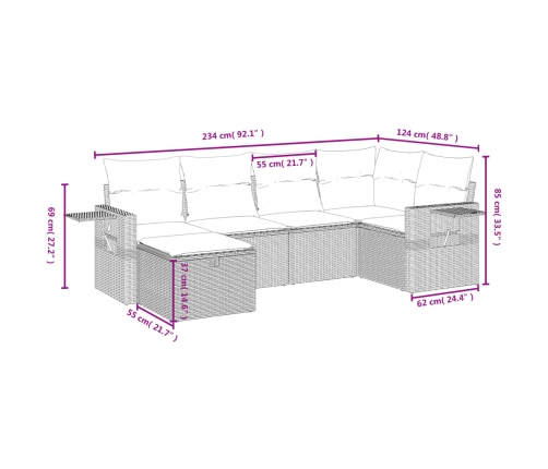Set de sofás de jardín 6 pzas y cojines ratán sintético gris