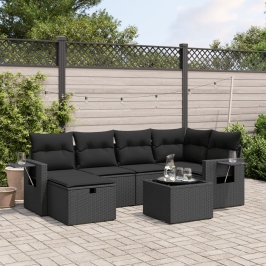 Set de comedor de jardín 7 pzas y cojines ratán sintético negro