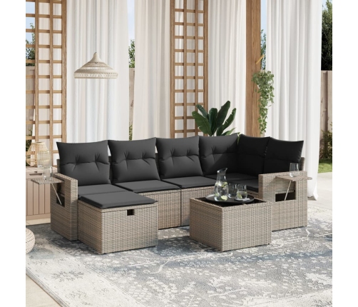 Set de sofás de jardín 7 piezas con cojines ratán PE gris