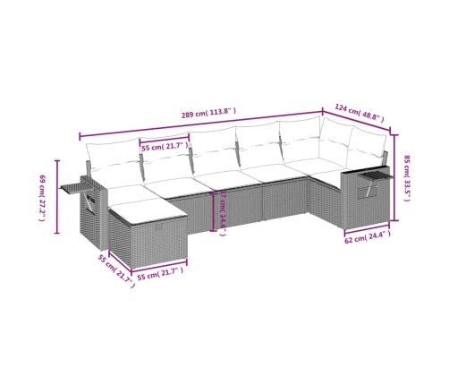 Set de sofás de jardín 7 pzas con cojines ratán PE gris claro