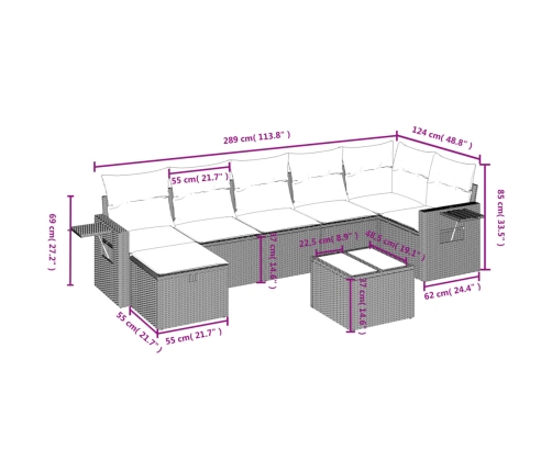 Set de sofás de jardín 8 pzas y cojines ratán sintético gris
