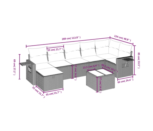 Set de sofás de jardín 8 pzas y cojines ratán sintético gris