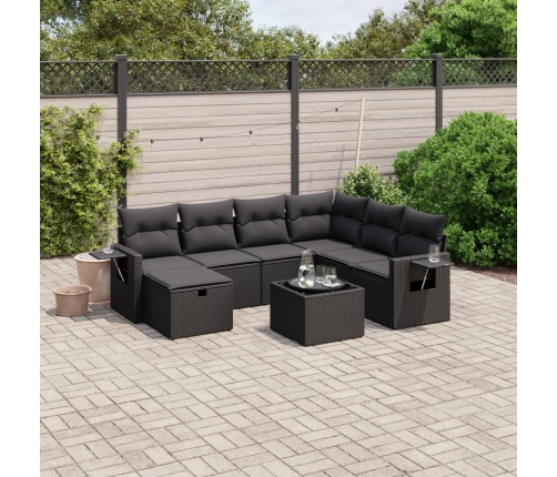 Set de sofás de jardín 8 piezas y cojines ratán sintético negro