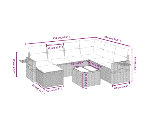 Set de sofás de jardín 8 pzas y cojines ratán sintético gris