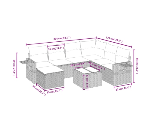 Set de sofás de jardín 8 pzas y cojines ratán sintético gris