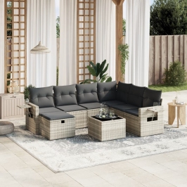 Set de sofás de jardín 8 pzas y cojines ratán sintético gris