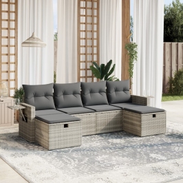 Set de sofás de jardín 6 pzas y cojines ratán sintético gris
