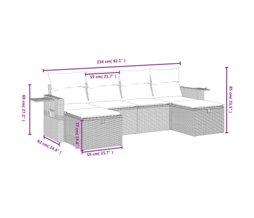 Set sofás de jardín 6 piezas y cojines ratán sintético marrón