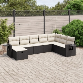 Set de sofás de jardín 8 piezas y cojines ratán sintético negro