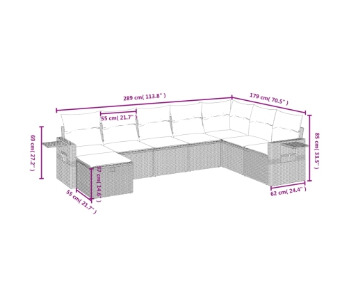 Set de sofás de jardín 8 pzas y cojines ratán sintético gris