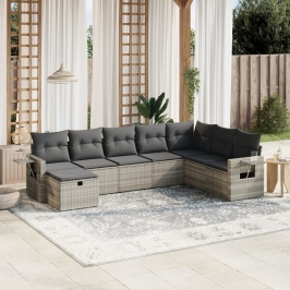Set de sofás de jardín 8 pzas y cojines ratán sintético gris