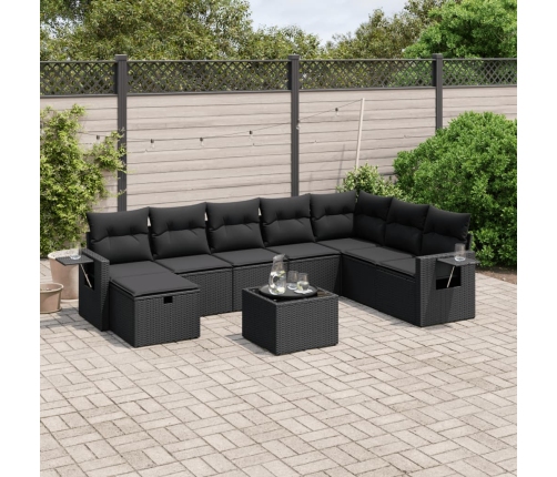 Set de sofás de jardín 8 piezas y cojines ratán sintético negro