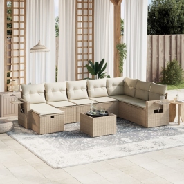 Set de sofás de jardín 9 pzas con cojines ratán sintético beige