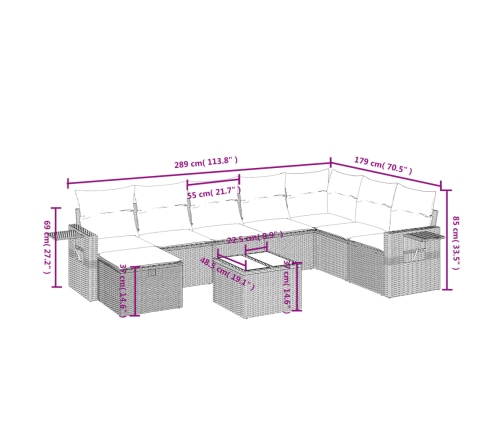 Set muebles jardín 9 pzas y cojines ratán sintético gris claro