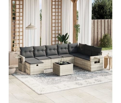 Set muebles jardín 9 pzas y cojines ratán sintético gris claro