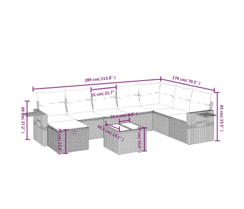 Set de sofás de jardín 9 pzas y cojines ratán sintético marrón
