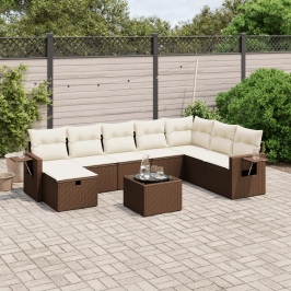 Set de sofás de jardín 9 pzas y cojines ratán sintético marrón