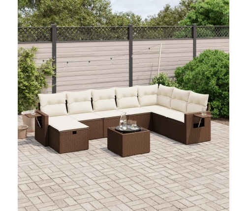 Set de sofás de jardín 9 pzas y cojines ratán sintético marrón