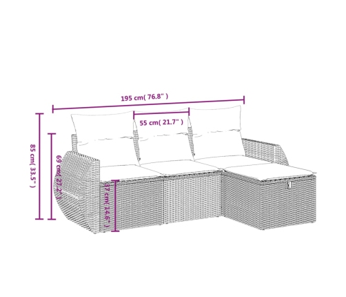 Set de sofás de jardín 4 pzas y cojines ratán sintético gris