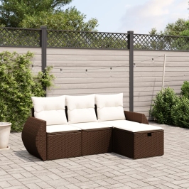 Set de sofás de jardín 4 pzas y cojines ratán sintético marrón
