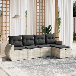 Set de sofás jardín y cojines 5 pzas ratán sintético gris claro