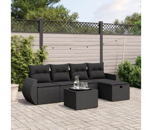 Set de sofás de jardín 6 piezas y cojines ratán sintético negro