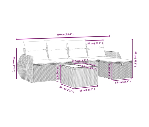 Set de muebles de jardín 6 pzas y cojines ratán sintético gris