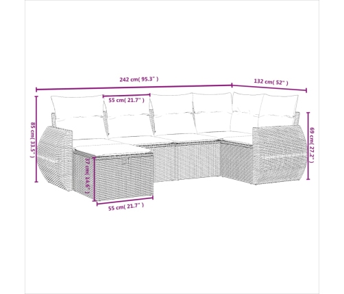 Set de muebles de jardín 6 pzas y cojines ratán sintético gris