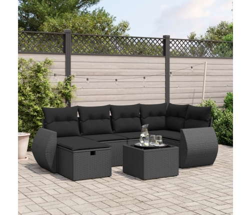 Set de comedor de jardín 7 pzas y cojines ratán sintético negro