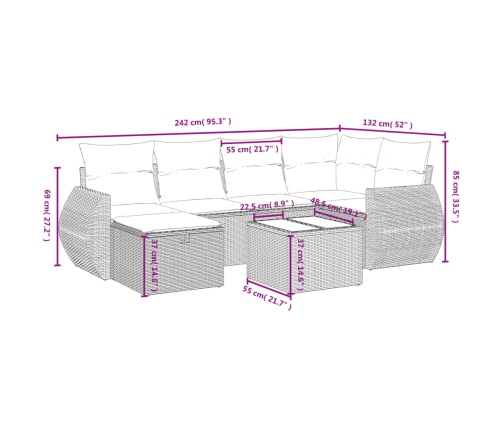 Set de comedor de jardín 7 pzas y cojines ratán sintético negro