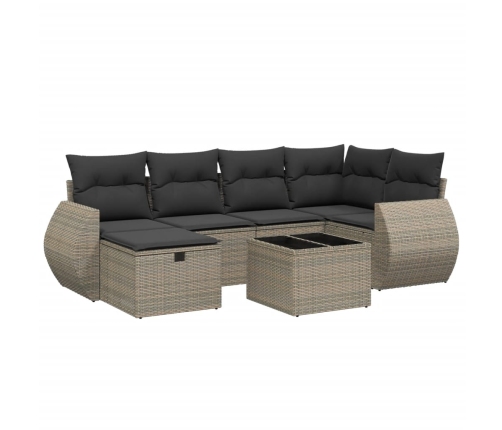 Set de sofás de jardín 7 piezas con cojines ratán PE gris
