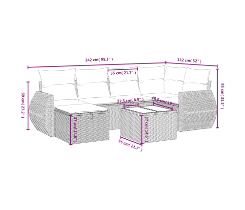 Set de sofás de jardín 7 piezas con cojines ratán PE gris