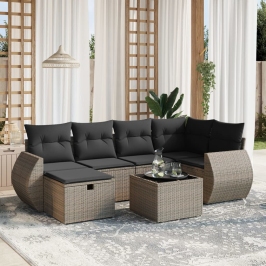 Set de sofás de jardín 7 piezas con cojines ratán PE gris