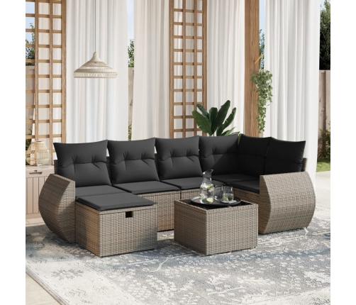 Set de sofás de jardín 7 piezas con cojines ratán PE gris