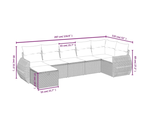 Set de sofás de jardín 7 piezas con cojines ratán PE gris