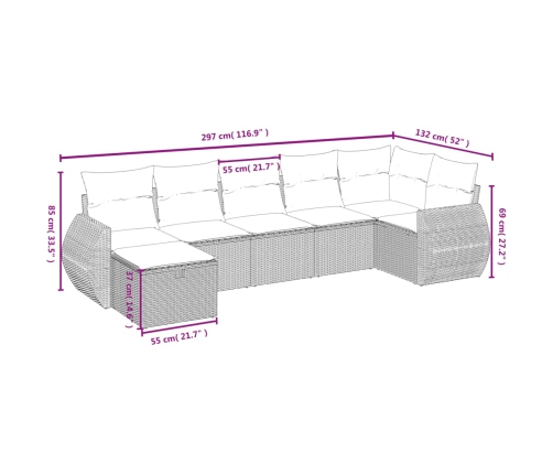 Set de sofás de jardín 7 piezas con cojines ratán PE gris