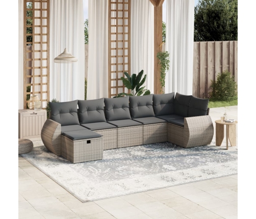 Set de sofás de jardín 7 piezas con cojines ratán PE gris
