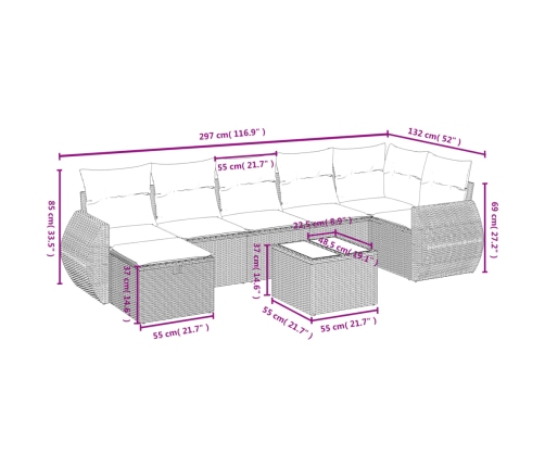Set de sofás de jardín 8 pzas y cojines ratán sintético gris